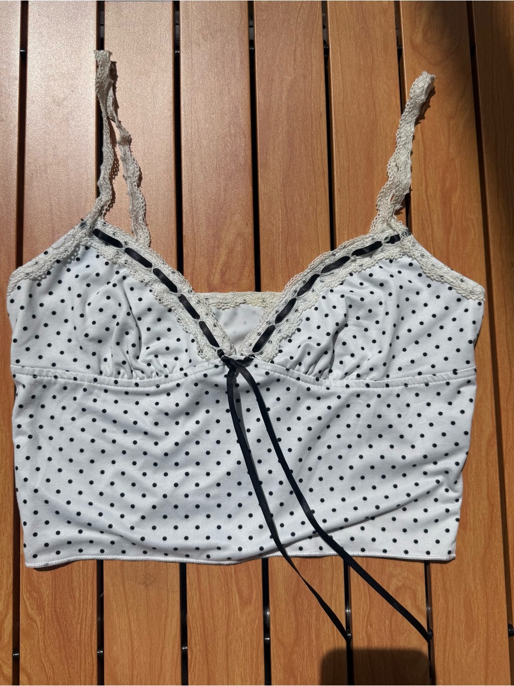Y2K Polka Dot Lace Trim Crop Cami - White with Black